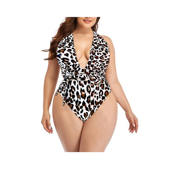 Leopard Print Sexy Plus Size Strappy All-In-One Bikini Swimsuit - Picture 5 of 8